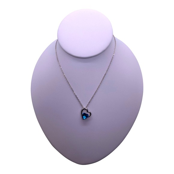 Imitation Silver Blue Topaz Rhinestone Gemstone Two Hearts In One Necklace - Picture 5 of 6